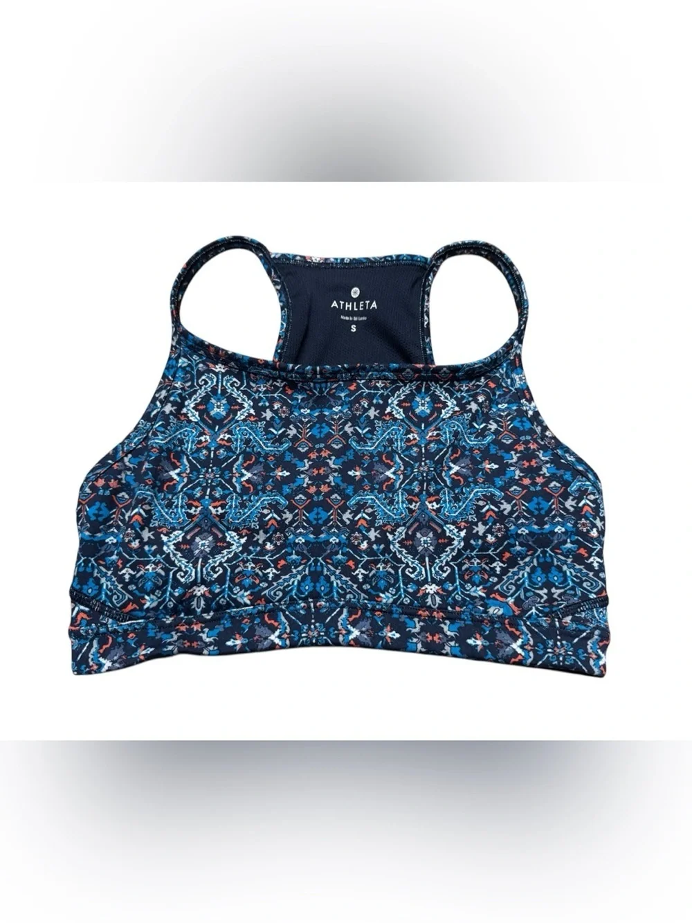 Athleta Blue Exhale Geometric Floral Strappy Back Sports Yoga Bra Size Small
